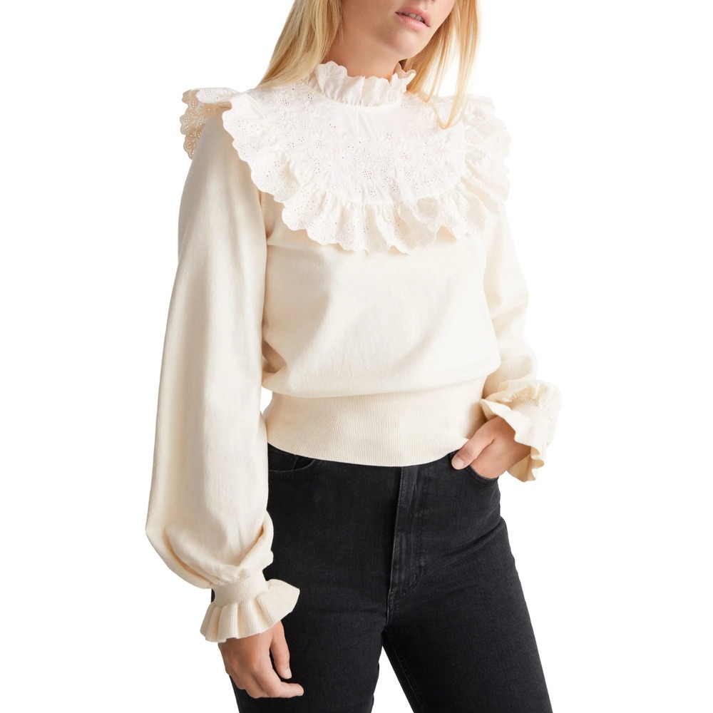 & Other Stories Sweater Cream Eyelet Lace Ruffle Bib Balloon Sleeve Paris Top